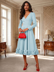 Formal Evening Gown Crimson 3D Rose Hem A-Line Midi Dress