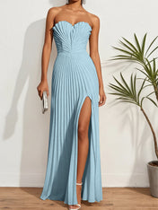 Pleated Classic Strapless Sleeveless A-Line Maxi Dress