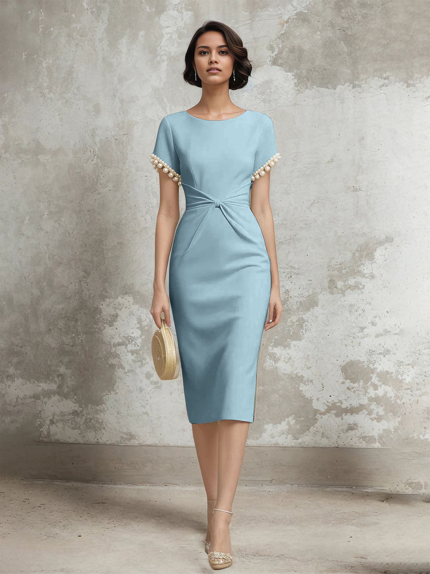 White Stretch Crepe Sheath/Column Short Sleeve Tea Length Dress With Pearls