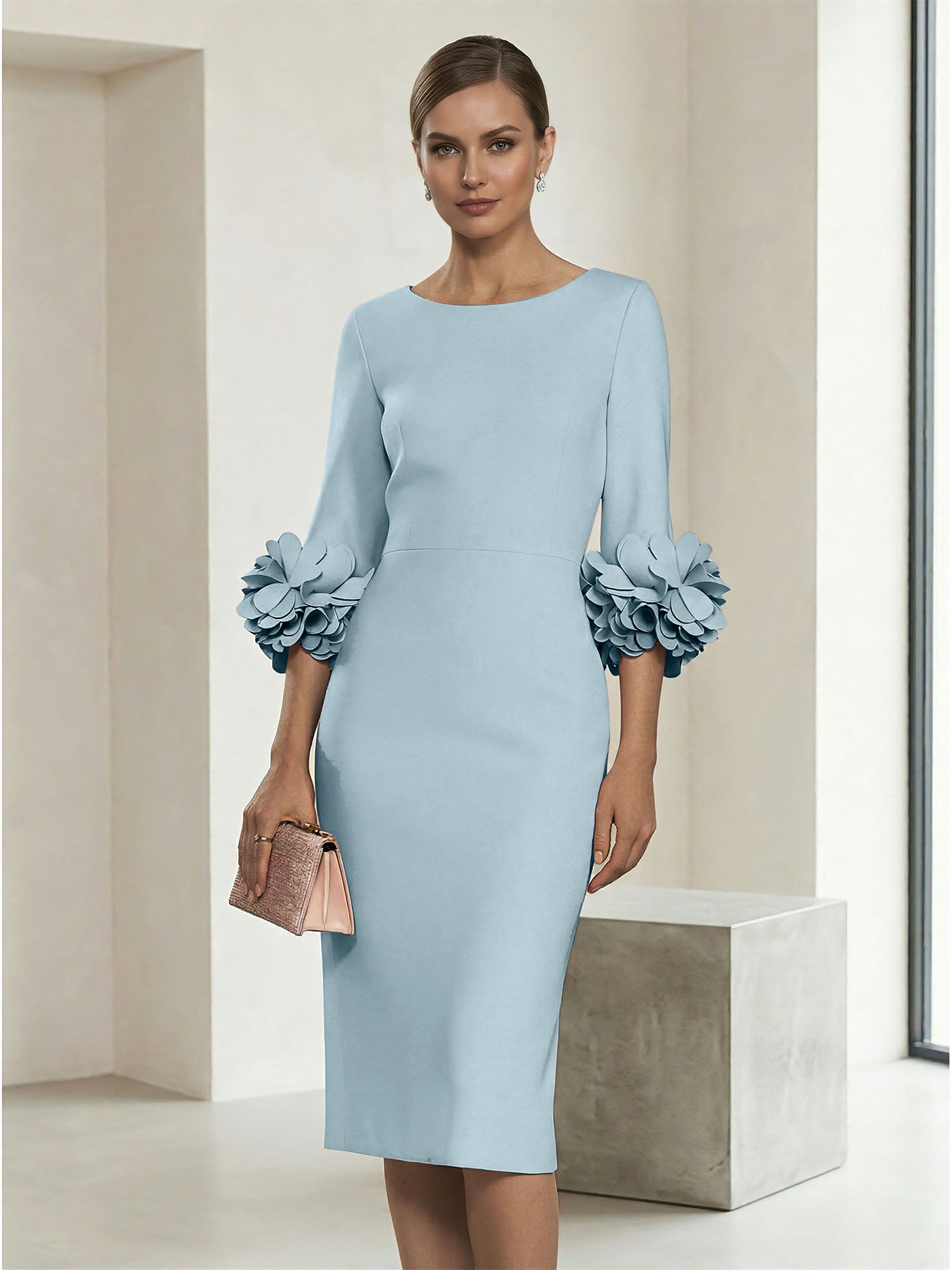 3/4 Sleeve Boat Neck Sheath Midi Dress with 3D Floral Cuffs