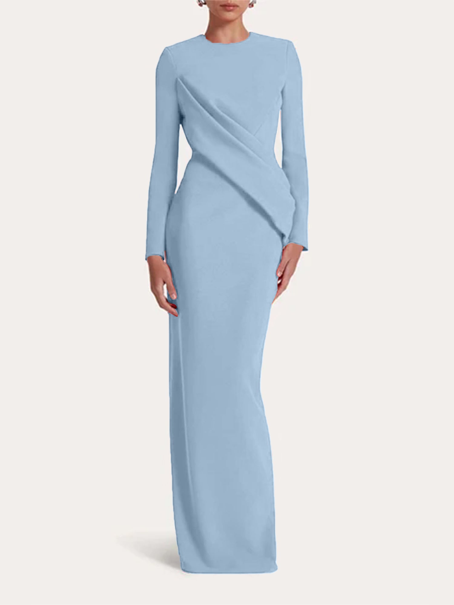 Red Sheath/Column Scoop Long Sleeves Chiffon Floor-Length Ruffles Formal Dress