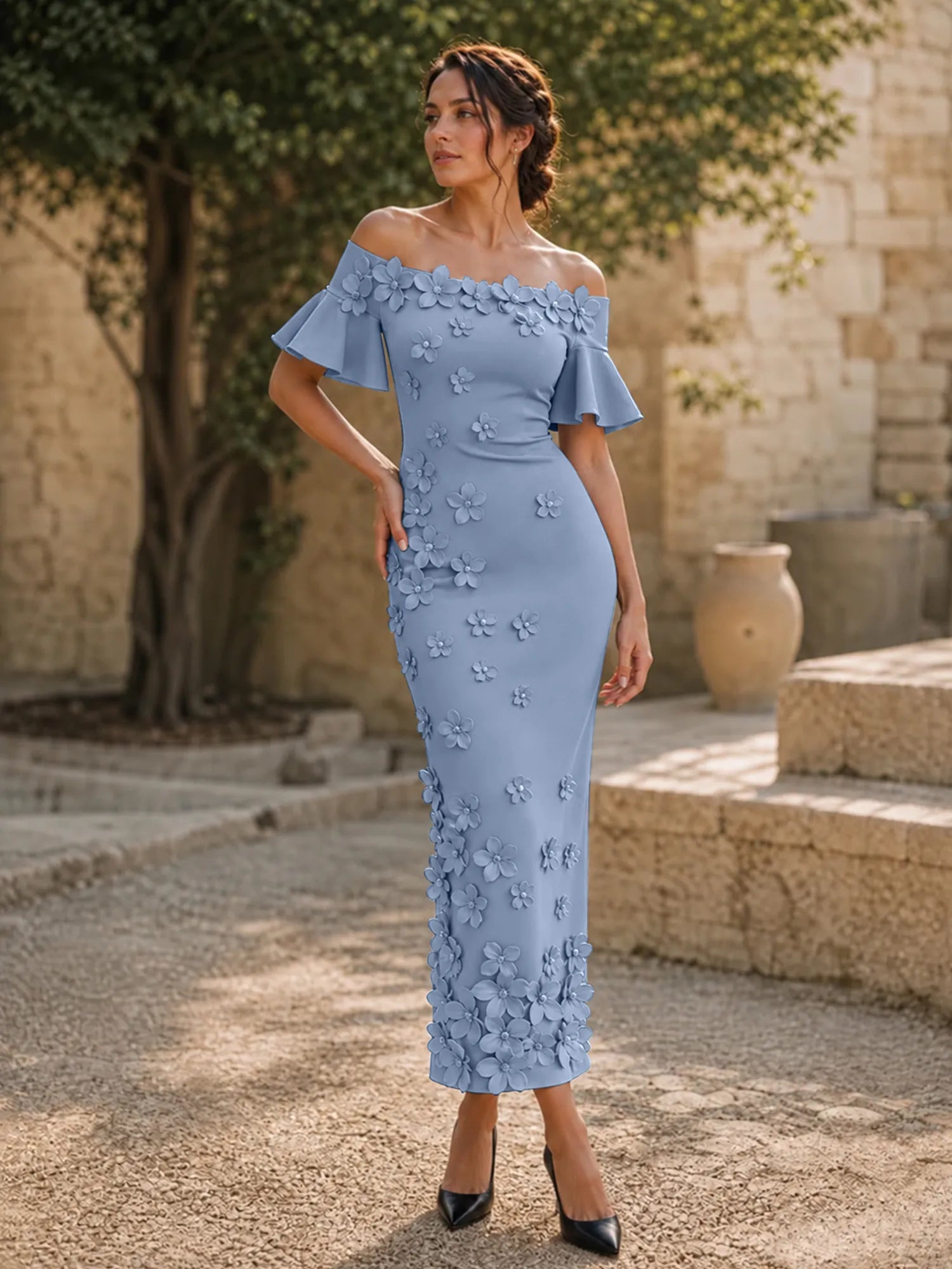 Black 3D Floral Off-The-Shoulder Ankle-Length Gown Dress