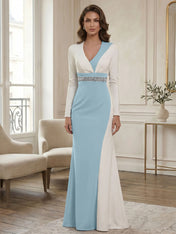 Elegant Navy & White Color-Block Long Sleeve Floor-Length Evening Gown Formal Dresses