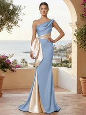One Shoulder Mermaid Satin Pleat Evening Dresses with Bow