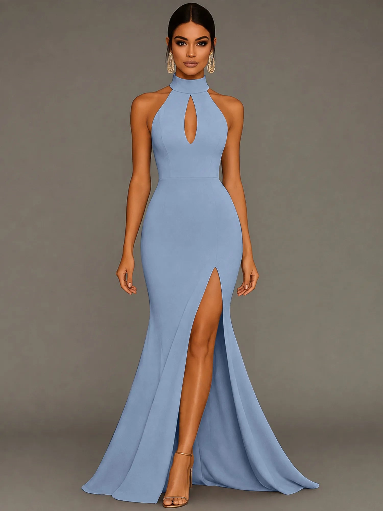 Mermaid Halter Neck Satin Formal Dress with Slit