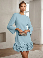 Powder Blue 3D Floral Classic Crew Neck Bell Long Sleeve Shift Mini Dress