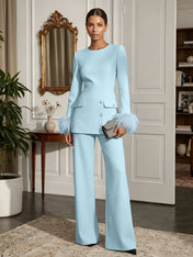 Women's White Two-Piece Set: Buckle Detail Feather-Trimmed Top & Straight-Leg Pants