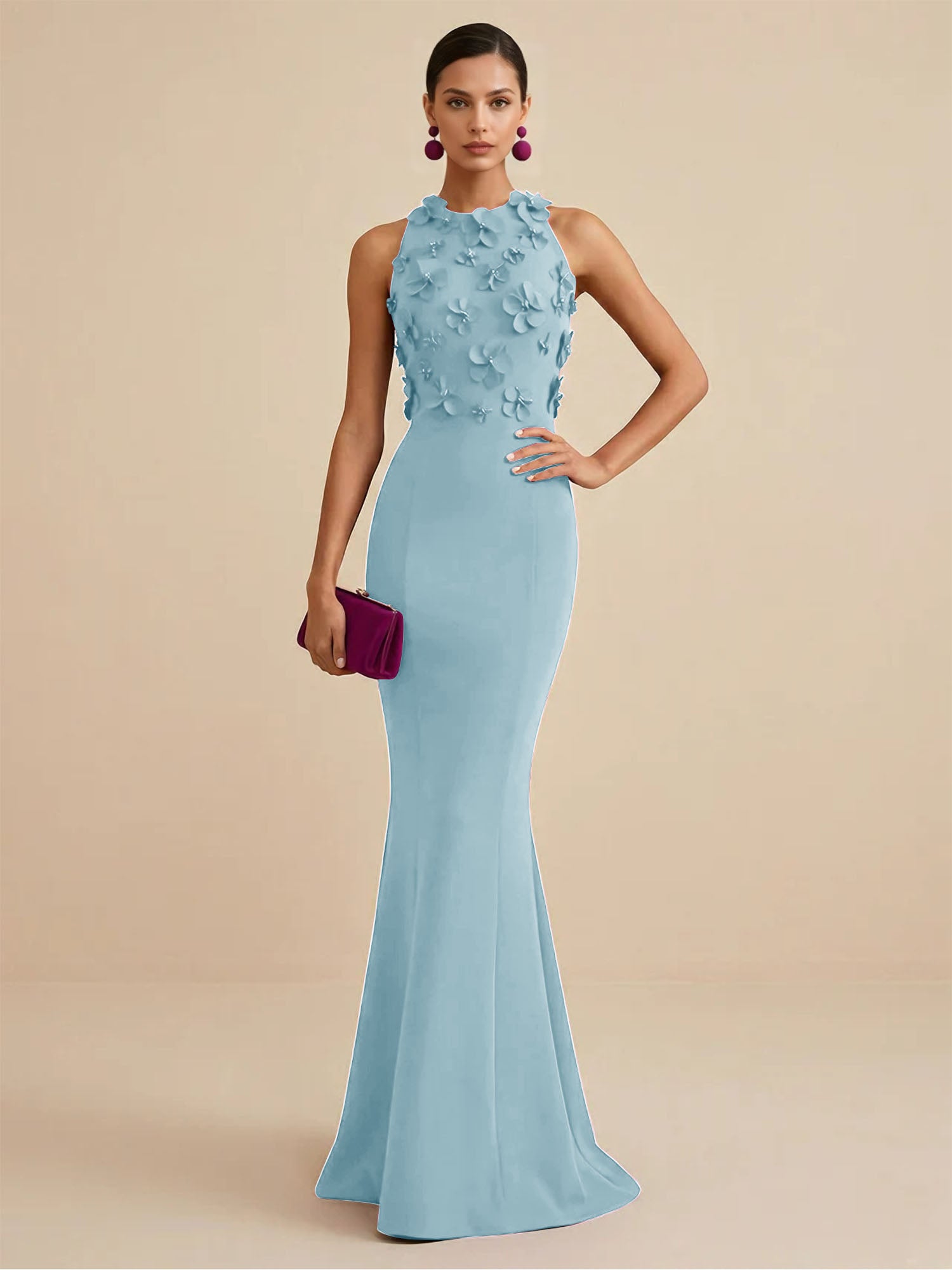 Deep Fuchsia Sleeveless High Neck 3D Floral Mermaid Formal Gown Evening Dress