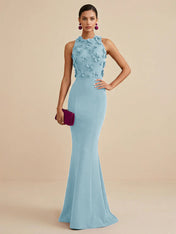 Deep Fuchsia Sleeveless High Neck 3D Floral Mermaid Formal Gown Evening Dress