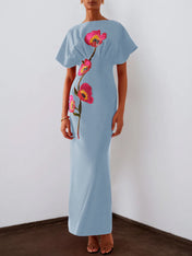 Red 3D Floral Appliqué Boat Neck Short Sleeve Backless Sheath Maxi Dress