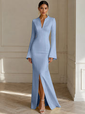 Formal Yellow V Neck Long Sleeves Floor Length Dress With Slit