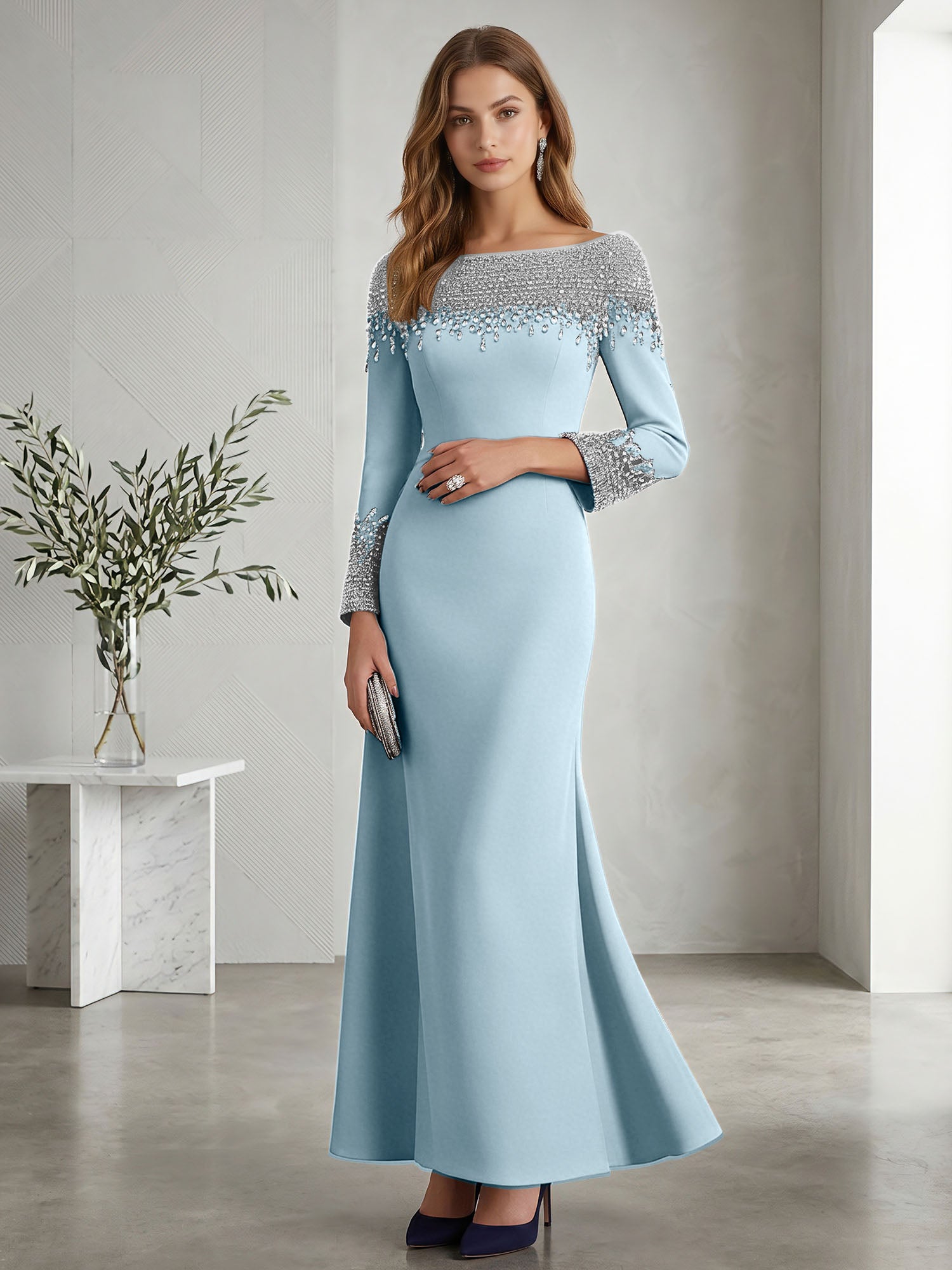 Formal Evening Dress Midnight Navy Velvet Long Sleeves Maxi Dress with Crystal