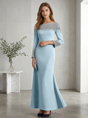 Formal Evening Dress Midnight Navy Velvet Long Sleeves Maxi Dress with Crystal