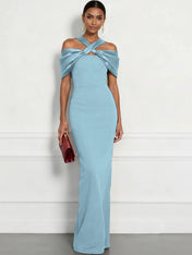Regal Plum Crepe Column Gown with Satin Criss-Cross Halter Maxi Dress