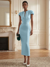 White Ruched Classic Notched Short Sleeve Puff Sleeve Sheath Midi Dress