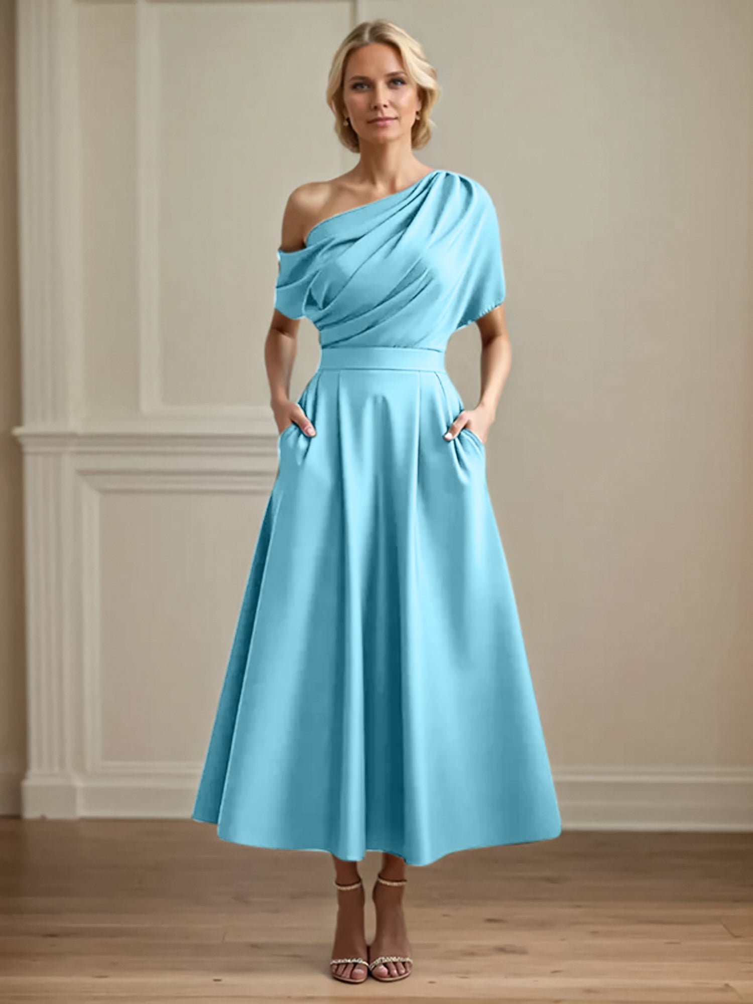 A Line Satin One Shoulder Pleated Ankle Length Mother of the Bride Dress