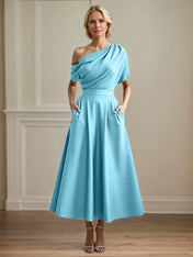 A Line Satin One Shoulder Pleated Ankle Length Mother of the Bride Dress