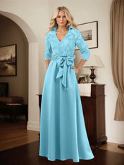 Classic V-Neck Bow Accented Satin Mother Of The Bride Dress With Lace