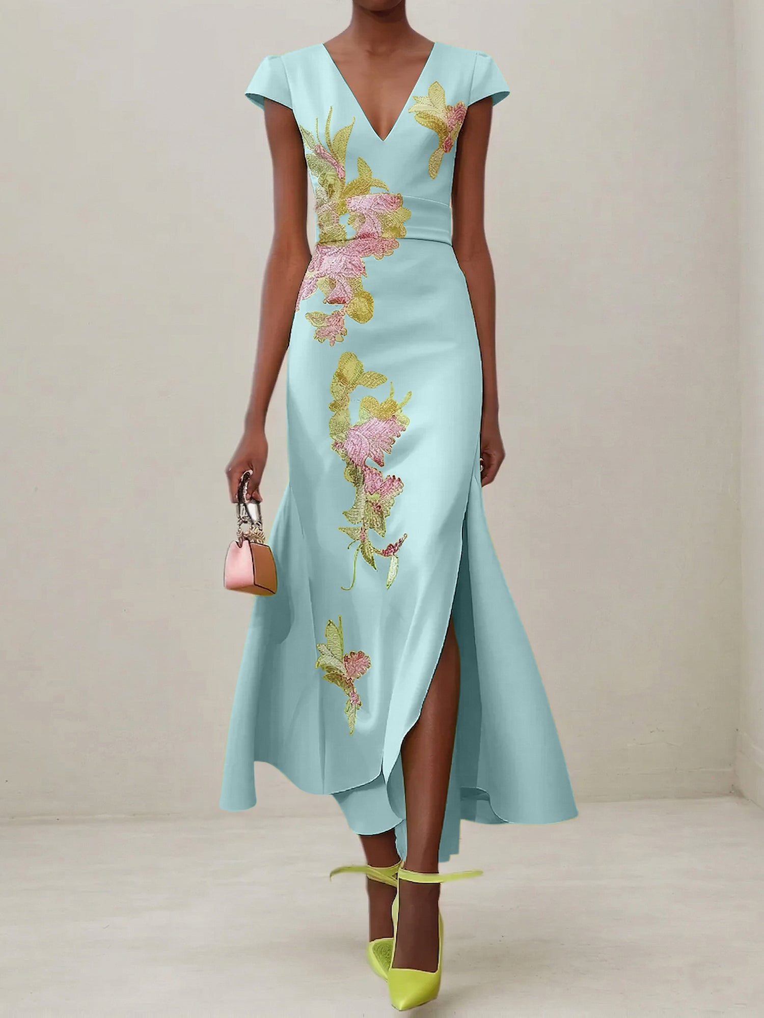 Green Floral V Neck Embroidered Cap Sleeve Slit Sheath Maxi Dress