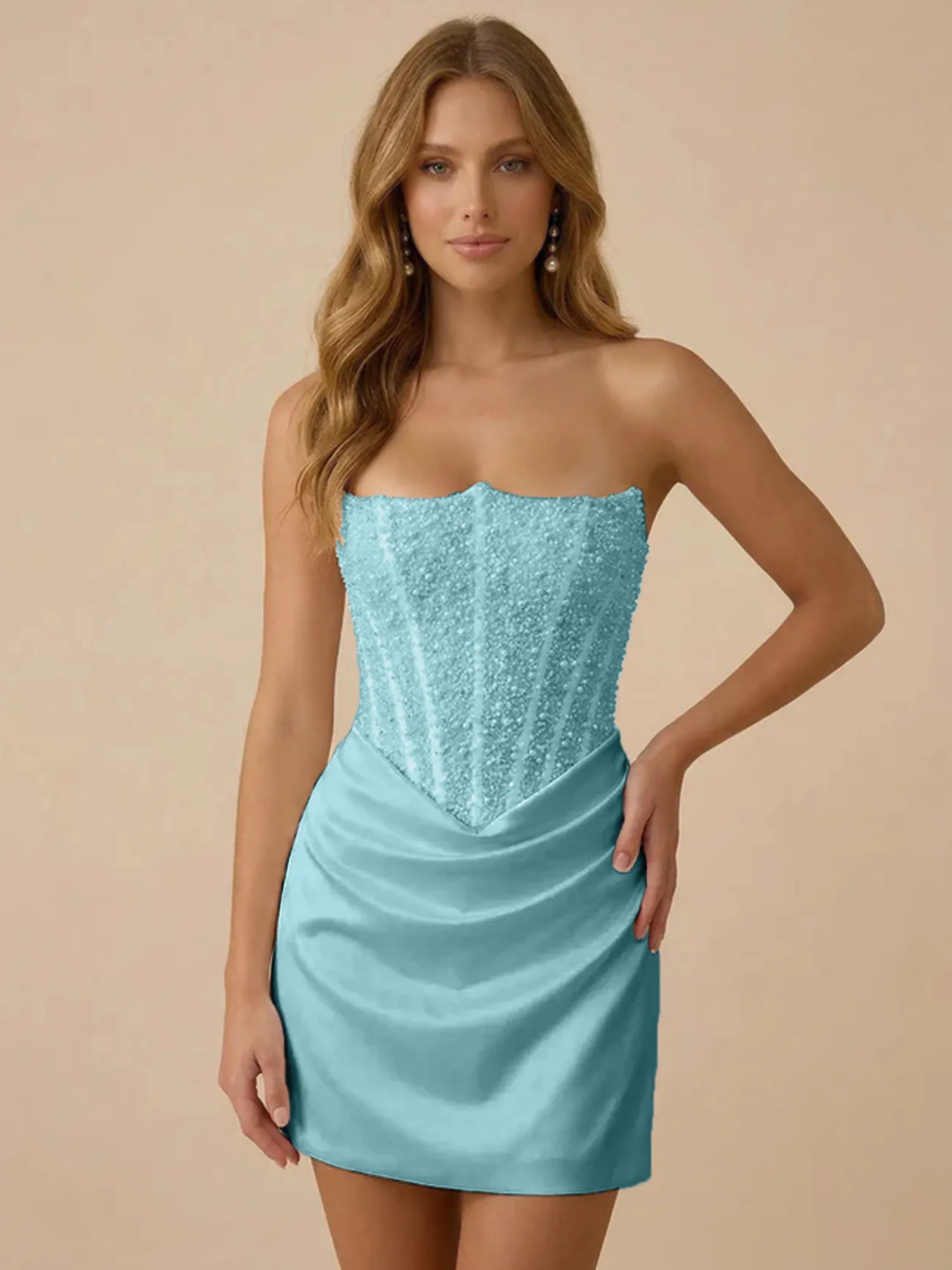 White Strapless Sequin Beaded Satin Short Homecoming Dress with Corset