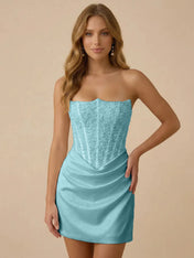 White Strapless Sequin Beaded Satin Short Homecoming Dress with Corset