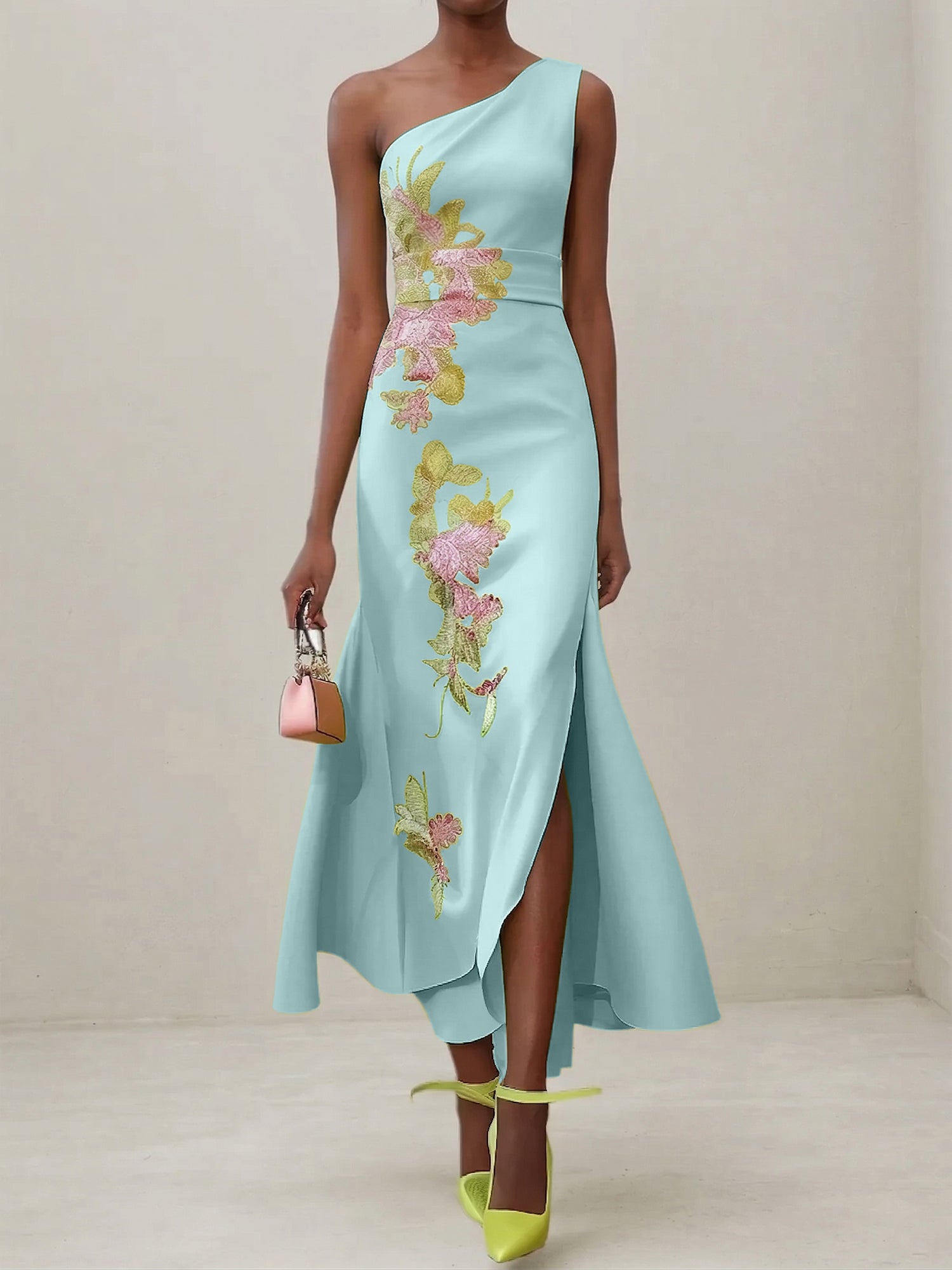 Green Floral One Shoulder Embroidered Cap Sleeve Slit Sheath Maxi Dress