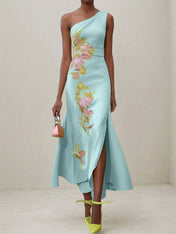 Green Floral One Shoulder Embroidered Cap Sleeve Slit Sheath Maxi Dress