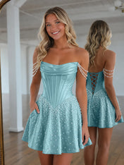 Strapless Pearl Draped Corset A-Line Short Homecoming Dresses