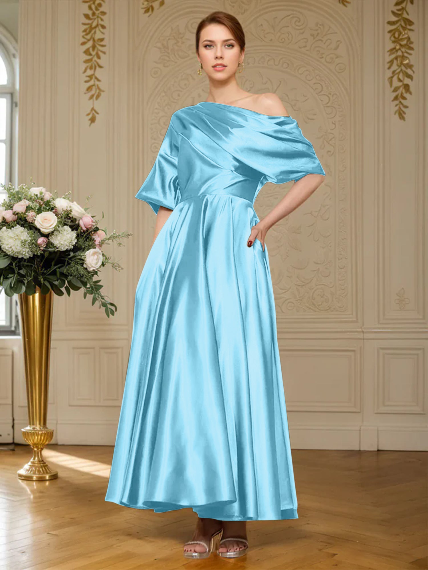 A-line Short Sleeves Pleated Ankle-Length Silk like Satin Mother of the Bride Dress