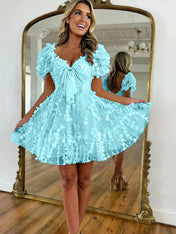 A-Line Puff Sleeves Short Tulle Homecoming Dress With Bowknot