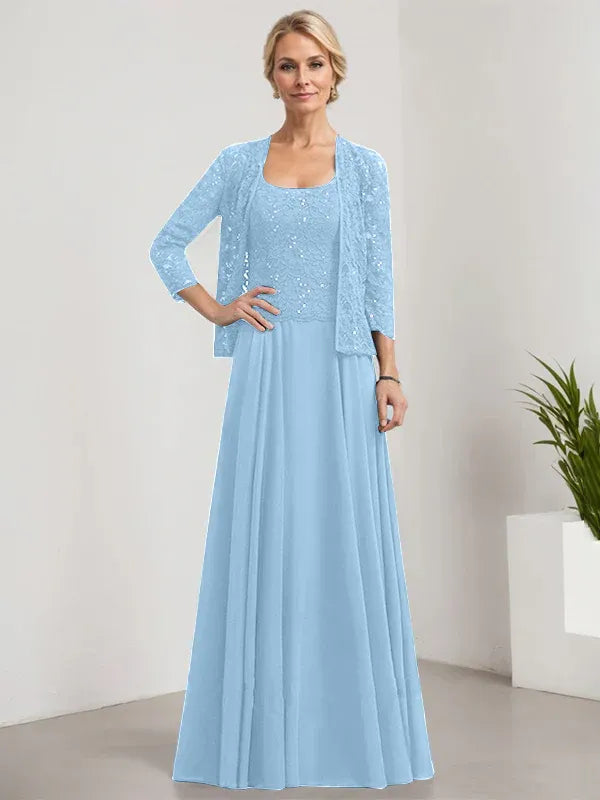 Robe de mère de la mariée trapèze carrée, longueur au sol, en mousseline de soie et dentelle, avec paillettes 