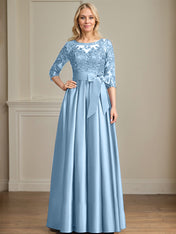 A-line Scoop Illusion Floor-Length Satin Lace Mother of the Bride Dress With Sequins Bow