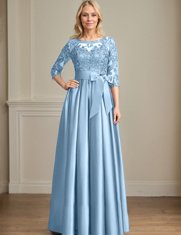 A-line Scoop Illusion Floor-Length Satin Lace Mother of the Bride Dress With Sequins Bow