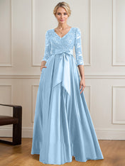 A-line V-Neck Floor-Length Satin Lace Mother of the Bride Dress With Sequins Bow
