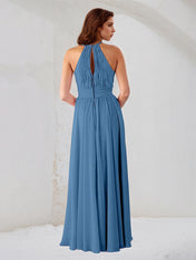 Blue Chiffon A Line Halter Neck Sleeveless Floor Length Bridesmaid Dress