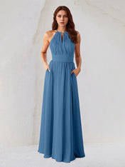 Blue Chiffon A Line Halter Neck Sleeveless Floor Length Bridesmaid Dress