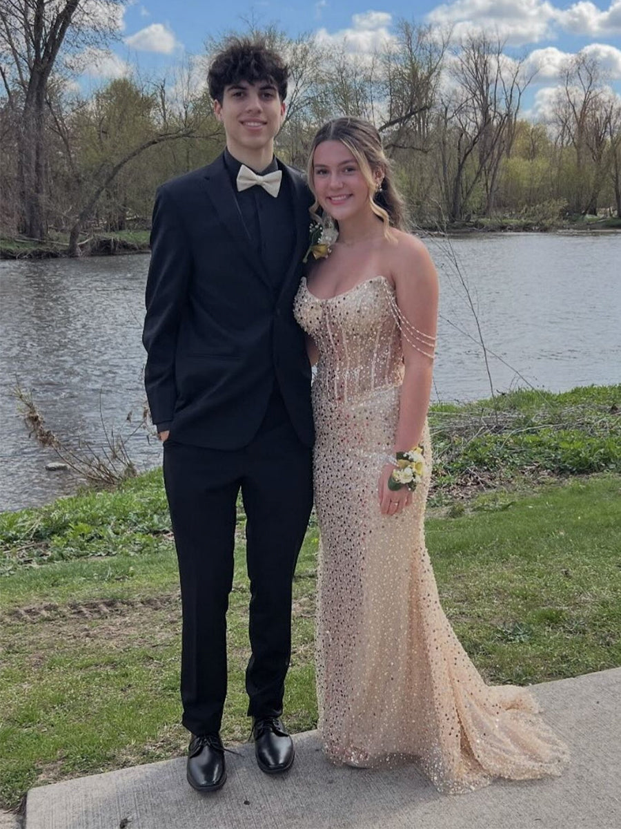 Beaded Straps Sequin Mermaid Long Prom Dress