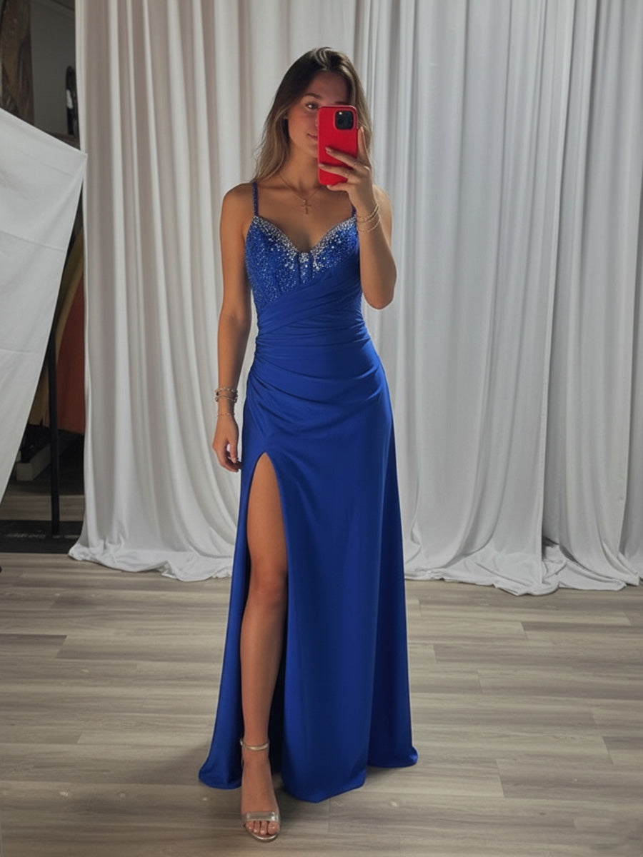 Beaded V Neck Corset Bodice Long Prom Dress with Slit