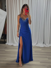 Beaded V Neck Corset Bodice Long Prom Dress with Slit
