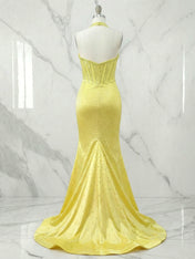 Beaded Halter Corset Prom Dress with High Slit