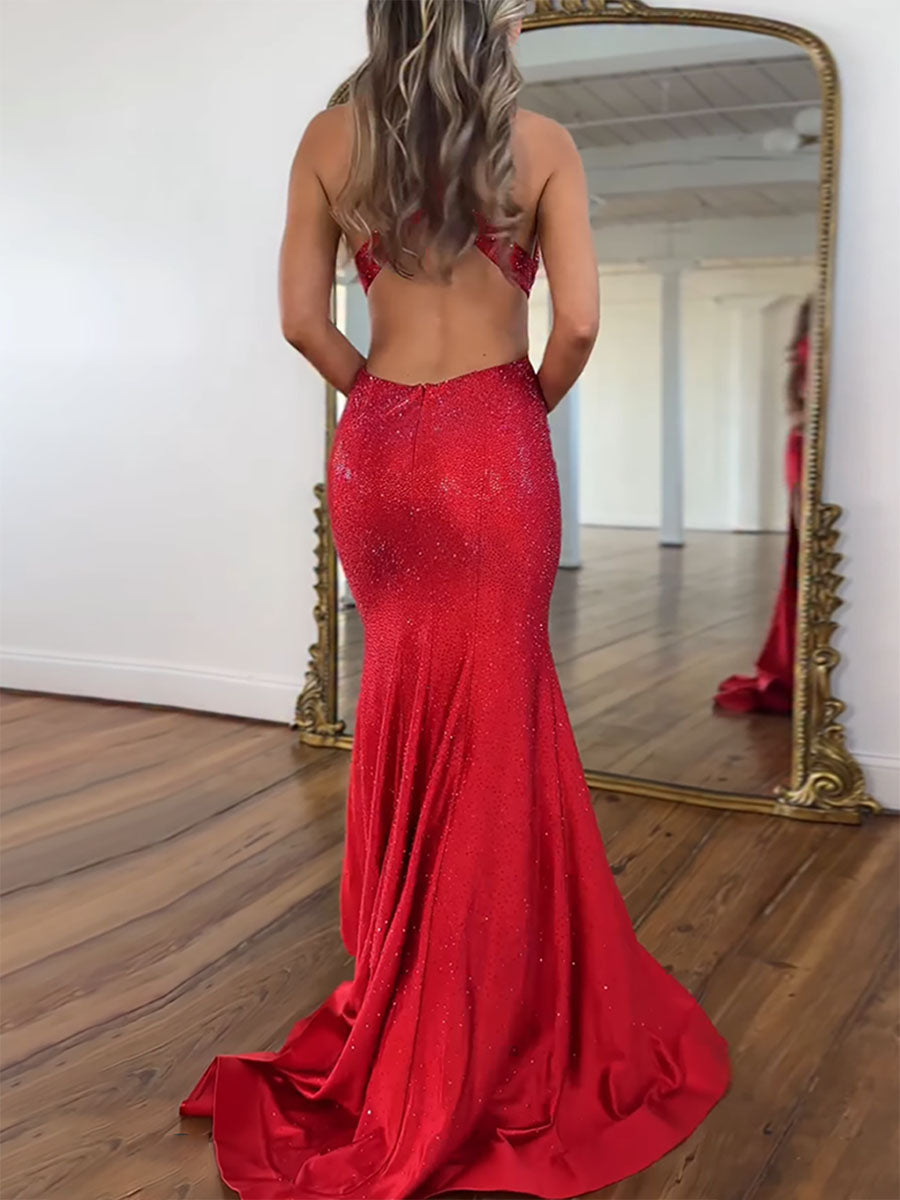 Beaded Halter Corset Prom Dress with High Slit
