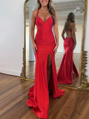 Beaded Halter Corset Prom Dress with High Slit