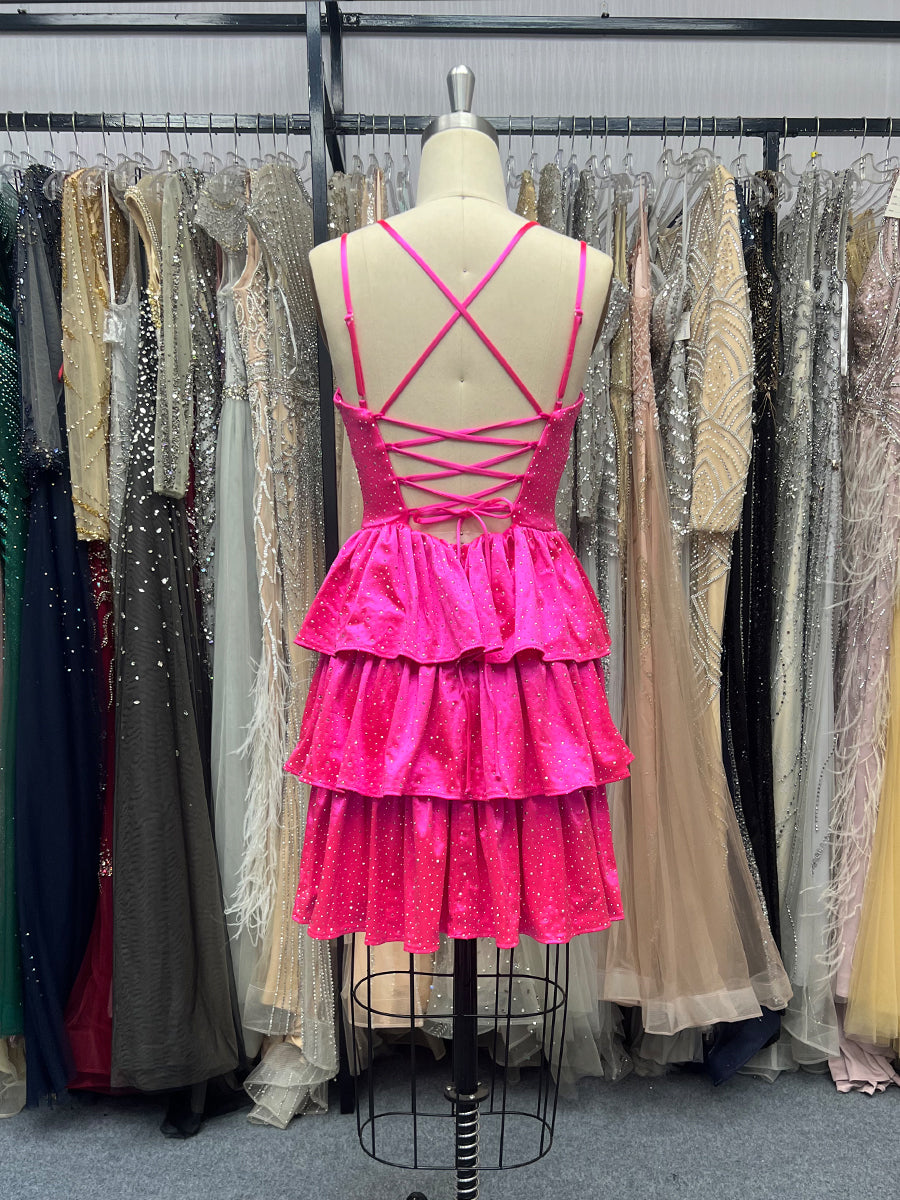 Beaded Open Back Ruffle Short Fuchsia Homecoming Dress