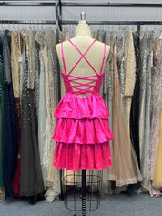 Beaded Open Back Ruffle Short Fuchsia Homecoming Dress