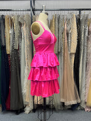 Beaded Open Back Ruffle Short Fuchsia Homecoming Dress
