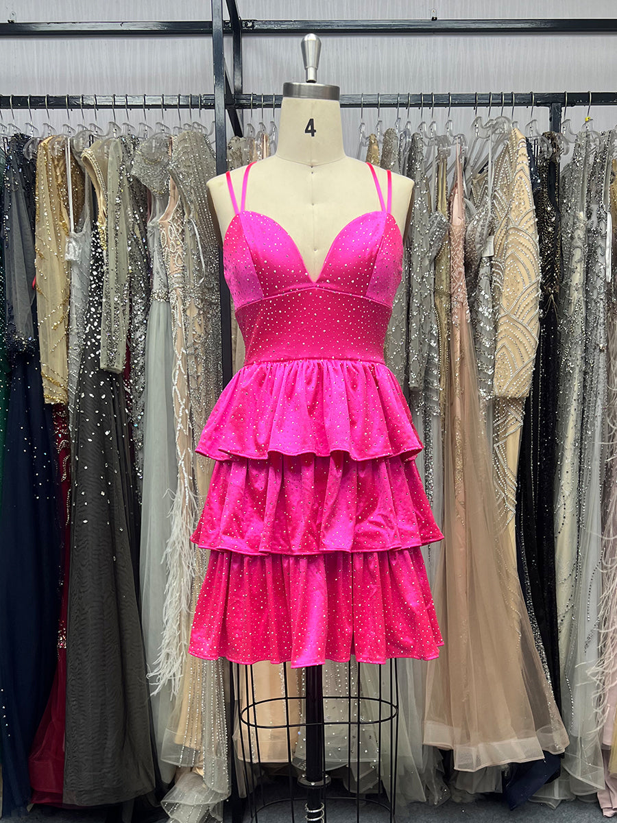 Beaded Open Back Ruffle Short Fuchsia Homecoming Dress