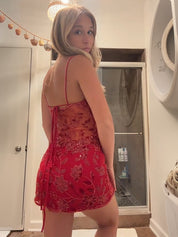 Beaded Sheer Fitted Short Red Homecoming Dress