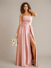 Dusty Rose A Line Satin Off the Shoulder Sleeveless Floor Length Bridesmaid Dresses