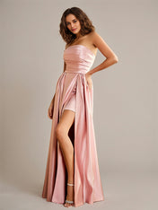 Dusty Rose A Line Satin Off the Shoulder Sleeveless Floor Length Bridesmaid Dresses