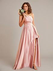 Dusty Rose A Line Satin Off the Shoulder Sleeveless Floor Length Bridesmaid Dresses
